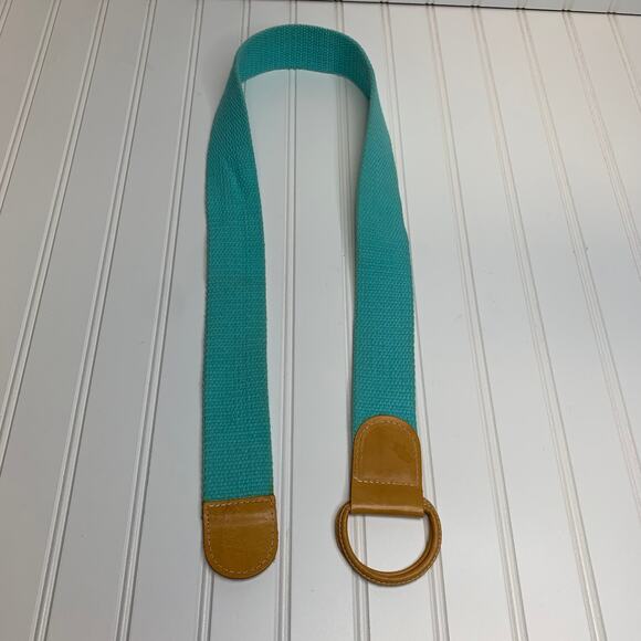 Vintage 70s Aqua Twill Wide Belt Light Tan Leather Hang Ten - Picture 4 of 6